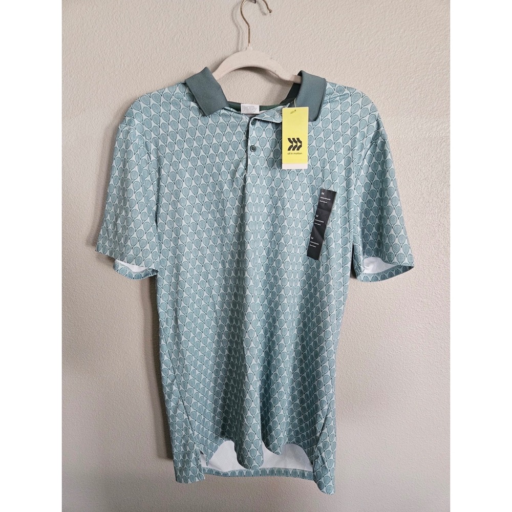 All In Motion Mens Textured Polo Shirt Green Tennis Racket Print Medium NWT